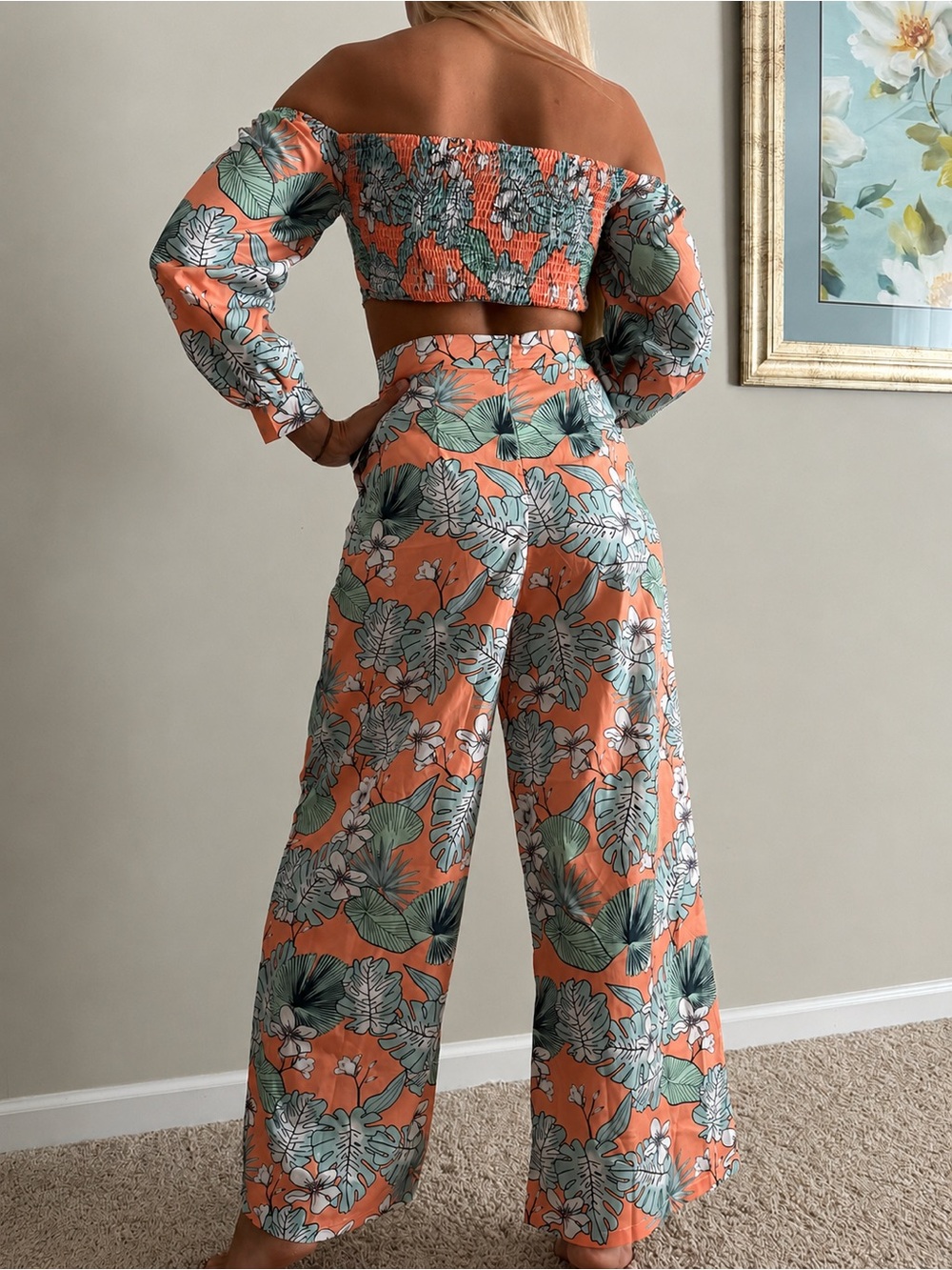 Tropical Off-Shoulder Wide-Leg Pants Set - Orange Floral